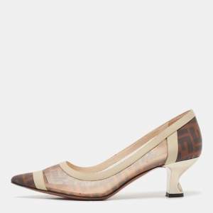 Fendi Brown/Beige Zucca Mesh and Leather Colibri Pointed Toe Pumps Size 40