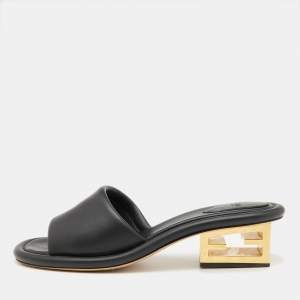 Fendi Black Leather Baguette Slide Sandals Size 42