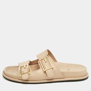 Pre Owned Fendi Beige Leather FF Buckle Flat Slides Size 37.5