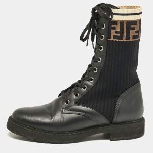 Fendi Black Leather and Zucca Stretch Fabric Rockoko Combat Boots Size 39
