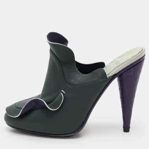 Fendi Green Leather Ruffled Leather Mules Size 37