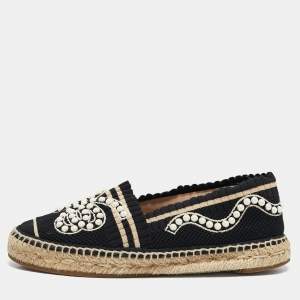Fendi Black/Beige Knit Fabric Pearl Embellished Espadrille Flats Size 36