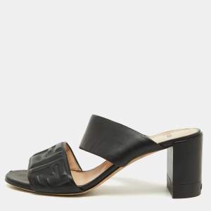 Fendi Black Leather FF Embossed Block Heel Slide Sandals Size 41