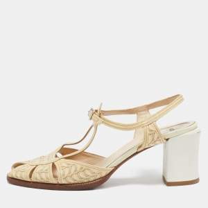 Fendi Beige Printed Patent Leather Block Heel Ankle Strap Sandals Size 40