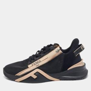 Pre Owned Fendi Black/Beige Mesh And Suede Flow Logo Low Top Sneakers Size 38