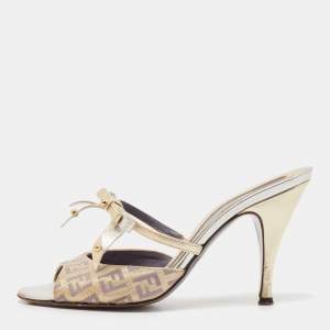 Fendi Yellow/Brown Leather and Zucca Canvas Slide Sandals Size 36.5