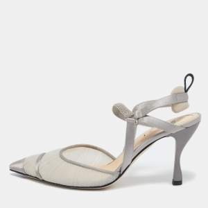 Pre Owned Fendi Grey Satin and Net Colibri Lite Slingback Pumps Size 36