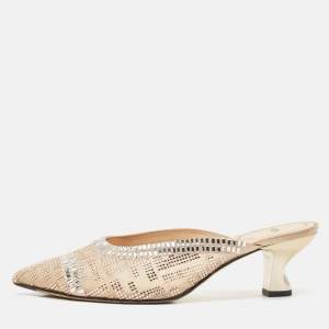 Fendi Beige Mesh Crystal Embellished Colibri Mules Size 38.5