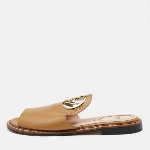 Fendi Brown Leather F Logo Open Toe Flat Mules 37