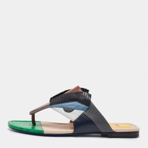 Pre Owned Fendi Multicolor Leather Bug Monster Flat Thong Sandals Size 37