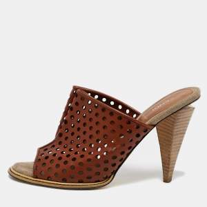 Fendi Brown Cut Out Leather Open Toe Slide Sandals Size 39