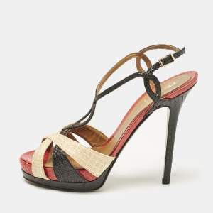 Fendi Tri Color Raffia and Snakeskin Strappy Slingback Platform Sandals Size 38