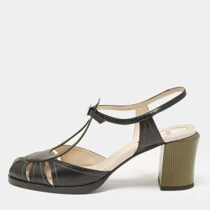 Fendi Black Leather Chameleon Block Heel Ankle Strap Sandals Size 40