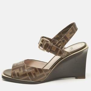 Fendi Brown Zucca Coated Canvas Motif Logo Wedge Ankle Strap Sandals Size 37