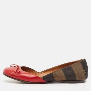 Fendi Brown/Red Leather And Canvas Toe Ballet Flats Size 37