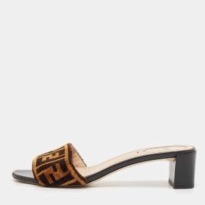 Fendi Brown Zucca Velvet Open Toe Slide Sandals Size 39