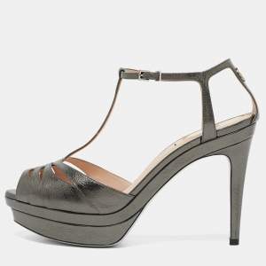 Fendi Metallic Dark Grey Leather Platform T-Strap Sandals Size 39