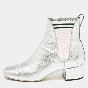 Fendi Silver/White Knit Fabric and Leather Sock Ankle Length Boots Size 38.5
