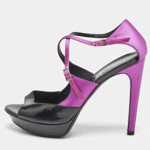 Fendi Black/Pink Patent Leather and Satin Ankle Strap Sandals Size 38