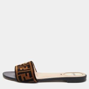 Fendi Brown Zucca Velvet Flat Slide Sandals Size 38.5