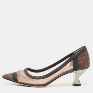 Fendi Brown/Black Zucca Mesh and Leather Colibri Pumps Size 38