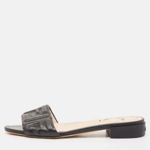 Fendi Black FF Embossed Leather Slide Sandals Size 38.5