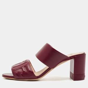 Pre Owned Fendi Burgundy Leather FF Embossed Logo Mules Size 39