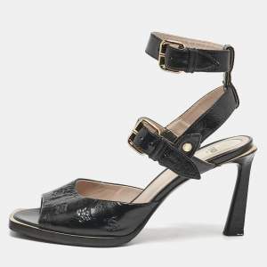 Fendi Black Karligraphy Leather FFrame Ankle Strap Sandals Size 39