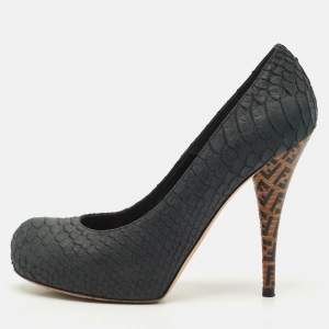 Fendi Dark Grey Python Embossed Leather Superstar Platform Pumps Size 38