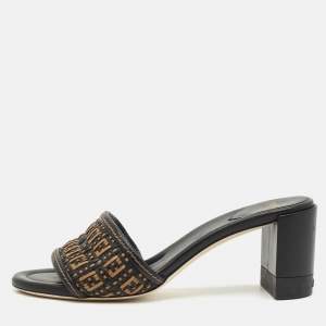 Fendi Brown/Black Leather and Raffia FF Slide Sandals Size 40.5