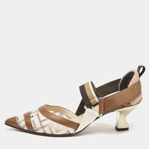Fendi Brown/White Zucca PVC, Leather and Fabric Colibri Slingback Pumps Size 38