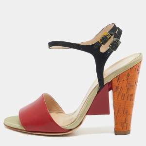 Fendi Multicolor Fabric and Leather Fantasia Ankle Strap Sandals Size 36