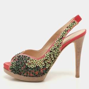Fendi Pink/Green Mesh Embellished Peep Toe Slingback Pumps Size 36