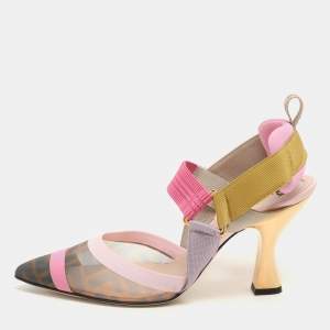 Fendi Multicolor Mesh And Canvas Colibri Slingback Pumps  Size 37