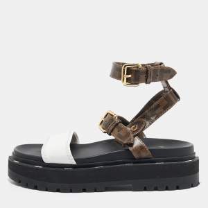 Fendi Brown/White Zucca Coated Canvas and Fabric Platform Sandals Size 38
