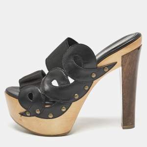 Pre Owned Fendi Black Leather and Elastic Wooden Platform Slide Sandals Size 38