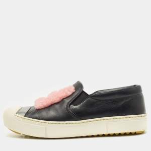Fendi Black Leather and Shearling F Slip On Sneakers Size 39