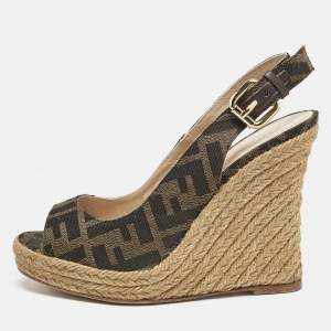 Fendi Brown Canvas FF Slingback Wedge Sandals Size 36