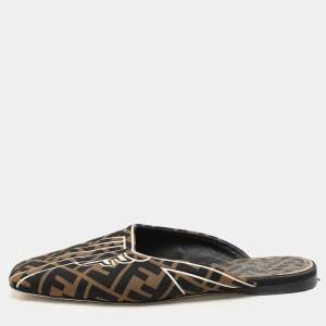 Fendi Brown FF Fabric Freedom Flat Mules Size 38