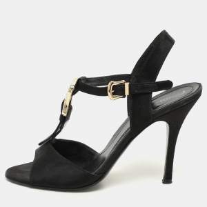 Fendi Black Satin Crystal Embellished Buckle T-Strap Sandals Size 37.5