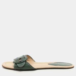 Fendi Green Patent Leather Buckle Flat Slides Size 37
