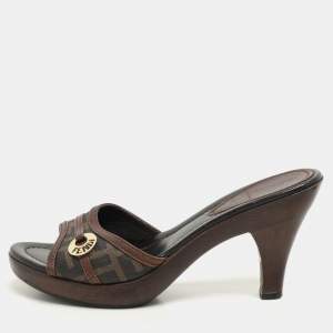 Fendi Brown Zucca Coated Canvas And Leather Slide Sandals Size 37