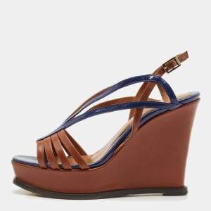 Fendi Brown/Blue Leather Fendista Strappy Platform Wedge Sandals Size 38.5