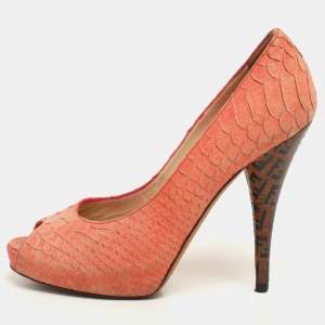Fendi Orange Python Embossed Leather Peep Toe Platform Pumps Size 36