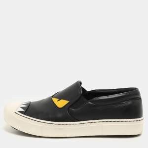 Fendi Black Leather Monster Slip On Sneakers Size 38.5