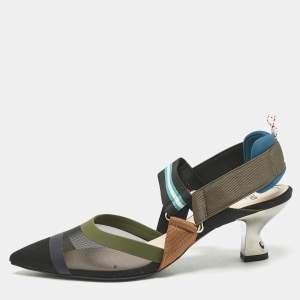 Fendi Multicolor Mesh and Canvas Colibri Slingback Pumps Size 37.5
