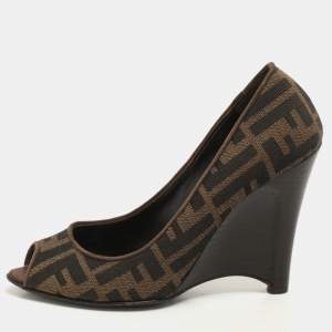 Fendi Tobacco Zucca Canvas and Suede Wedge Peep Toe Pumps Size 36