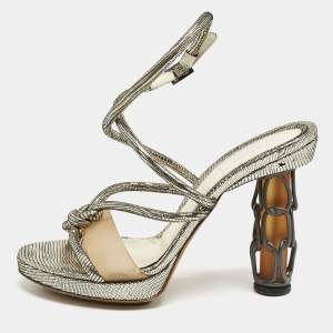 Fendi Gold Lizard Embossed Leather Chain Cage Heel Platform Sandals Size 39 