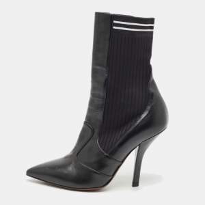 Fendi Black Leather And Stretch Knit Fabric Rockoko Ankle Boots Size 38.5