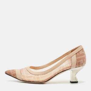 Fendi Light Pink/Brown Zucca Mesh and Leather Colibri Pumps Size 38